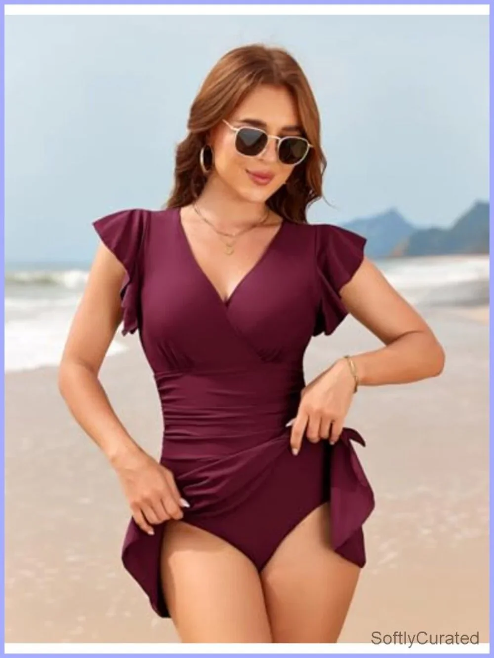 Women One Piece Swim Dress Tummy Control Ruched V Neck Ruffle Sleeve Skirt